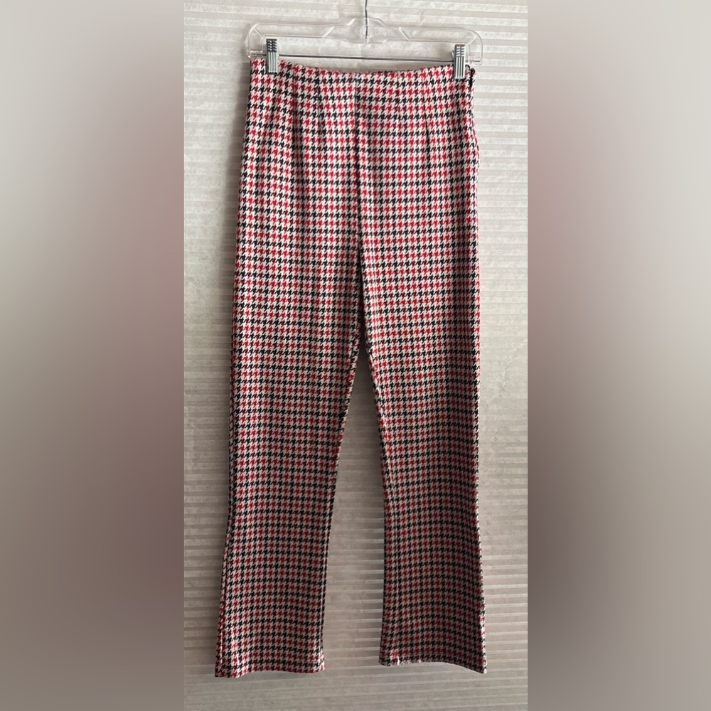 FREE PEOPLE Women Blue Red Houndstooth High Rise Wide Leg Pants Size 4 Waist 26